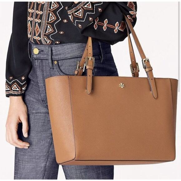 TORY BURCH York Buckle Tote Brown Saffiano Leather Carryall Shoulder Bag Classic - Picture 3 of 12